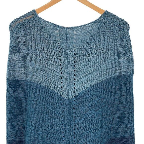 Max Sport Dark Ink Combo Fringed Poncho Sweater V-Neck S/M Blue MX13506-1 NWT - Picture 7 of 11